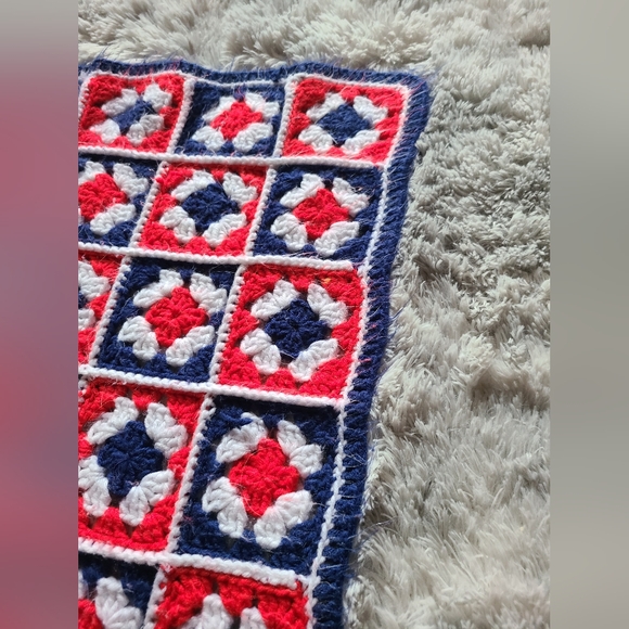 Handmade Crochet Blanket in Red, White, and Blue Aprox Size 41inches x 41inches - Picture 8 of 10